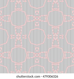 Seamless pattern with symmetric ornament. Different red geometric figures abstract on striped background. Ethnic and tribal motifs. Ornamental wallpaper. Vector illustration