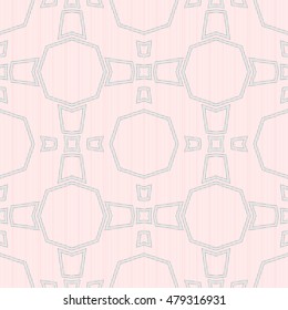 Seamless pattern with symmetric ornament. Different geometric figures abstract on striped background. Ethnic and tribal motifs. Ornamental wallpaper. Vector illustration