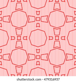Seamless pattern with symmetric ornament. Different red geometric figures abstract on striped background. Ethnic and tribal motifs. Ornamental wallpaper. Vector illustration