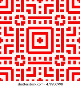 Seamless pattern with symmetric  ornament.  Different geometric red figures abstract on white background. Lines motif. Ornamental wallpaper. Vector illustration
