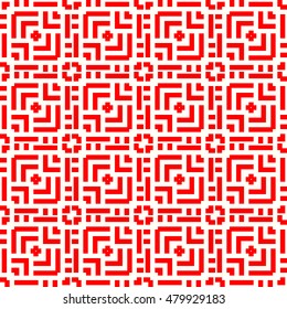 Seamless pattern with symmetric  ornament.  Different geometric red figures abstract on white background. Lines motif. Ornamental wallpaper. Vector illustration