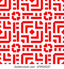 Seamless pattern with symmetric  ornament.  Different geometric red figures abstract on white background. Lines motif. Ornamental wallpaper. Vector illustration