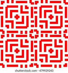 Seamless pattern with symmetric  ornament.  Different geometric red figures abstract on white background. Lines motif. Ornamental wallpaper. Vector illustration