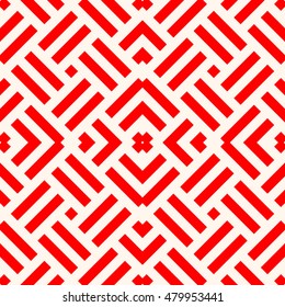 Seamless pattern with symmetric ornament. Different geometric red figures abstract on yellow background. Wicker motif. Ornamental wallpaper. Vector illustration