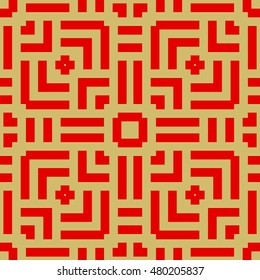 Seamless pattern with symmetric  ornament.  Different geometric red figures abstract on brown background. Lines motif. Ornamental wallpaper. Vector illustration