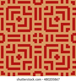 Seamless pattern with symmetric  ornament.  Different geometric red figures abstract on brown background. Lines motif. Ornamental wallpaper. Vector illustration