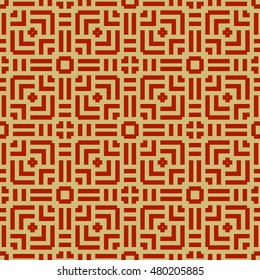 Seamless pattern with symmetric  ornament.  Different geometric red figures abstract on brown background. Lines motif. Ornamental wallpaper. Vector illustration