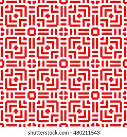 Seamless pattern with symmetric  ornament.  Different geometric red figures abstract on white background. Lines motif. Ornamental wallpaper. Vector illustration
