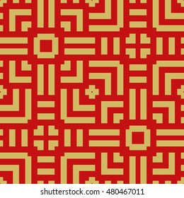 Seamless pattern with symmetric ornament. Different geometric brown figures abstract on dark red background. Lines motif. Ornamental wallpaper. Vector illustration 