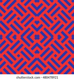 Seamless pattern with symmetric ornament. Different blue geometric figures abstract on red background. Wicker motif. Ornamental wallpaper. Vector illustration