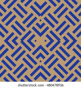 Seamless pattern with symmetric ornament. Different blue geometric figures abstract on brown background. Wicker motif. Ornamental wallpaper. Vector illustration