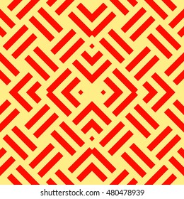 Seamless pattern with symmetric ornament. Different red geometric figures abstract on yellow background. Wicker motif. Ornamental wallpaper. Vector illustration