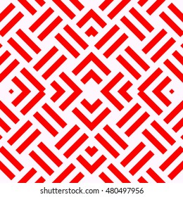 Seamless pattern with symmetric ornament. Different red geometric figures abstract on white background. Wicker motif. Ornamental wallpaper. Vector illustration