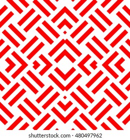 Seamless pattern with symmetric ornament. Different red geometric figures abstract on white background. Wicker motif. Ornamental wallpaper. Vector illustration