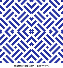 Seamless pattern with symmetric ornament. Different blue geometric figures abstract on white background. Wicker motif. Ornamental wallpaper. Vector illustration