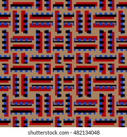 Seamless pattern with symmetric ornament. Different colors geometric figures abstract on brown background. Strokes motif. Ornamental wallpaper. Vector illustration