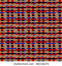 Seamless pattern with symmetric ornament. Different colors geometric figures abstract on brown background. Lines and stripes motif. Ornamental wallpaper. Vector illustration