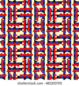 Seamless pattern with symmetric ornament. Different colors geometric figures abstract on white background. Blocks motif. Ornamental wallpaper. Vector illustration