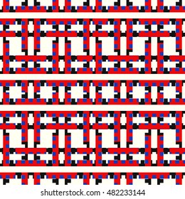 Seamless pattern with symmetric ornament. Different colors geometric figures abstract on white background. Blocks motif. Ornamental wallpaper. Vector illustration