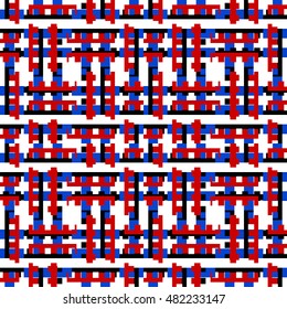 Seamless pattern with symmetric ornament. Different colors geometric figures abstract on white background. Blocks motif. Ornamental wallpaper. Vector illustration