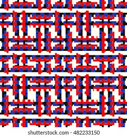 Seamless pattern with symmetric ornament. Different colors geometric figures abstract on white background. Blocks motif. Ornamental wallpaper. Vector illustration