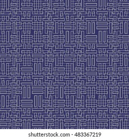 Seamless pattern with symmetric ornament. Grey color geometric figures abstract on dark blue background. Futuristic motif. Ornamental wallpaper. Vector illustration