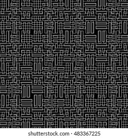 Seamless pattern with symmetric ornament. Grey color geometric figures abstract on black background. Futuristic motif. Ornamental wallpaper. Vector illustration