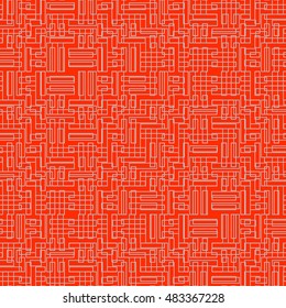 Seamless pattern with symmetric ornament. Grey color geometric figures abstract on orange background. Futuristic motif. Ornamental wallpaper. Vector illustration