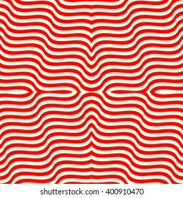 Seamless pattern with symmetric ornament. Red white wavy lines abstract background. Psychedelic wallpaper. Vector illustration