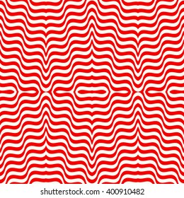 Seamless pattern with symmetric ornament. Red white wavy lines abstract background. Psychedelic wallpaper. Vector illustration