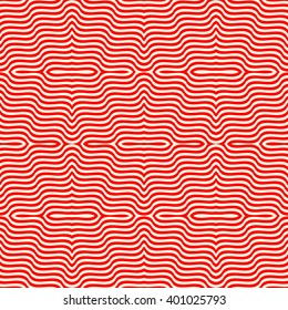 Seamless pattern with symmetric ornament. Red white wavy lines abstract background. Psychedelic wallpaper. Vector illustration