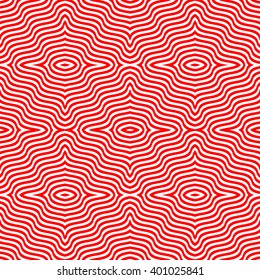 Seamless pattern with symmetric ornament. Red white wavy lines abstract background. Psychedelic wallpaper. Vector illustration