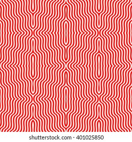 Seamless pattern with symmetric ornament. Red white wavy lines abstract background. Psychedelic wallpaper. Vector illustration