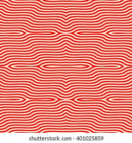 Seamless pattern with symmetric ornament. Red white wavy lines abstract background. Psychedelic wallpaper. Vector illustration