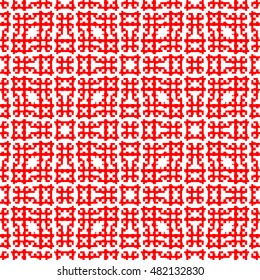 Seamless pattern with symmetric ornament. Red color figures abstract on white background. Embroidery motif. Ornamental wallpaper. Vector illustration