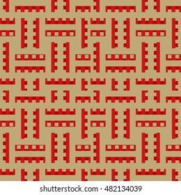 Seamless pattern with symmetric ornament. Red color geometric figures abstract on brown background. Stripes motif. Ornamental wallpaper. Vector illustration
