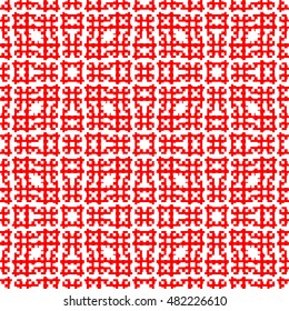 Seamless pattern with symmetric ornament. Red color figures abstract on white background. Embroidery motif. Ornamental wallpaper. Vector illustration