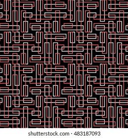 Seamless pattern with symmetric ornament. Red and white color geometric figures abstract on black background. Futuristic motif. Ornamental wallpaper. Vector illustration