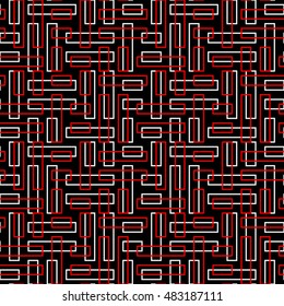 Seamless pattern with symmetric ornament. Red and white color geometric figures abstract on black background. Futuristic motif. Ornamental wallpaper. Vector illustration