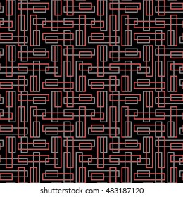 Seamless pattern with symmetric ornament. Red and grey color geometric figures abstract on black background. Futuristic motif. Ornamental wallpaper. Vector illustration