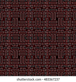 Seamless pattern with symmetric ornament. Red and grey color geometric figures abstract on black background. Futuristic motif. Ornamental wallpaper. Vector illustration