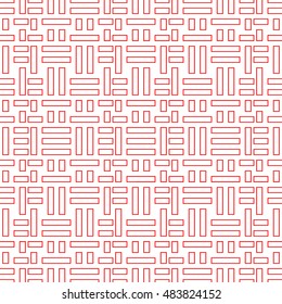 Seamless pattern with symmetric ornament. Red color geometric figures abstract on white background. Futuristic motif. Ornamental wallpaper. Vector illustration
