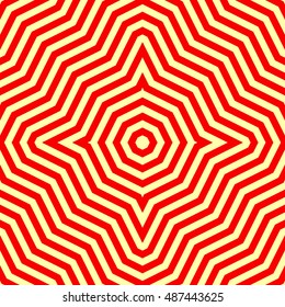 Seamless pattern with symmetric ornament. Red abstract on yellow background. Psychedelic wallpaper. Lines motif. Vector illustration