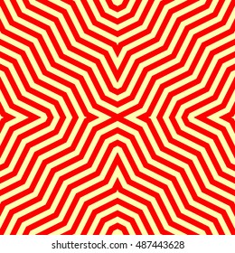 Seamless pattern with symmetric ornament. Red abstract on yellow background. Psychedelic wallpaper. Lines motif. Vector illustration