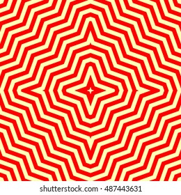 Seamless pattern with symmetric ornament. Red abstract on yellow background. Psychedelic wallpaper. Lines motif. Vector illustration