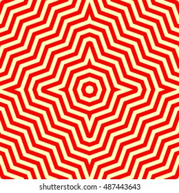 Seamless pattern with symmetric ornament. Red abstract on yellow background. Psychedelic wallpaper. Lines motif. Vector illustration