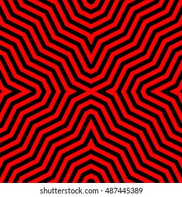 Seamless pattern with symmetric ornament. Red abstract on black background. Psychedelic wallpaper. Lines motif. Vector illustration