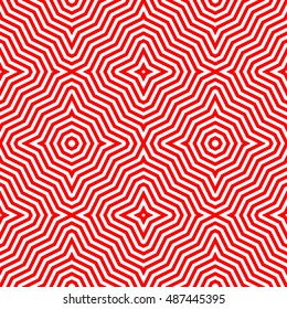 Seamless pattern with symmetric ornament. Red abstract on white background. Psychedelic wallpaper. Lines motif. Vector illustration