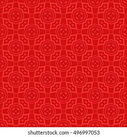 Seamless pattern with symmetric ornament. Red colors geometric figures abstract background. Ethnic and tribal motifs. Ornamental wallpaper. Digital paper for textile print. Vector art illustration