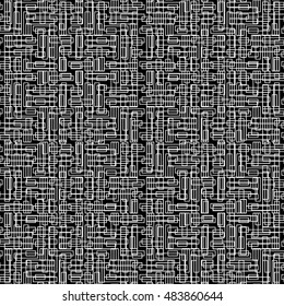 Seamless pattern with symmetric ornament. White color geometric figures abstract on black background. Futuristic motif. Ornamental wallpaper. Vector illustration